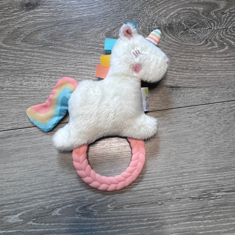 Itzy Ritzy Ritzy Teether Plush Unicorn Rattle Baby Toy Pink Silicone Ring White